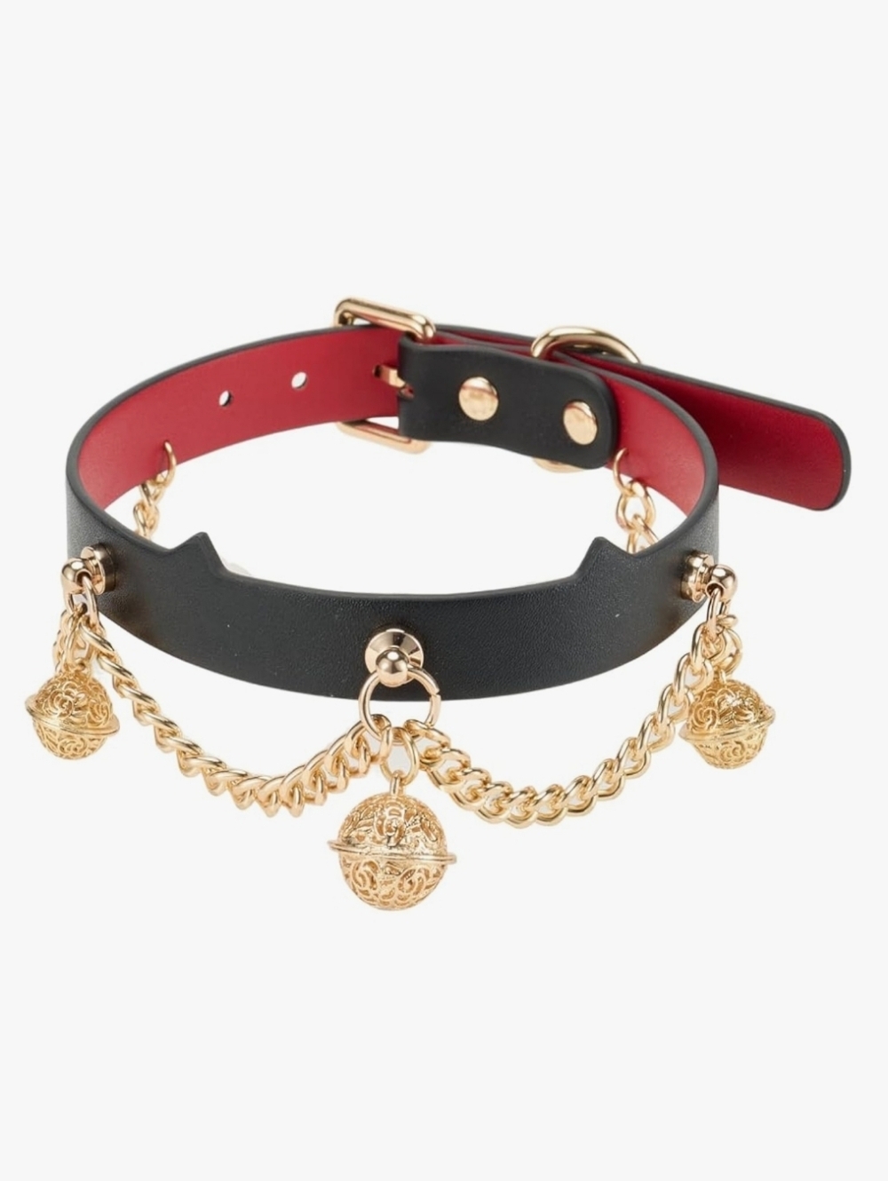 Black & Red Faux Leather Choker with Gold Chains